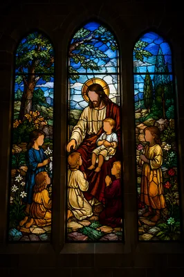 Jesus Blessing Children in Stained Glass