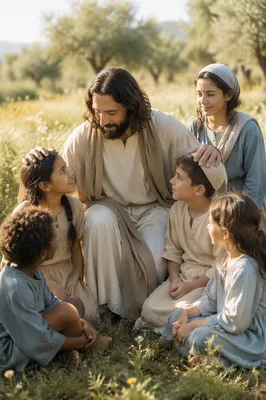 Man Blessing Children in Sunlit Meadow