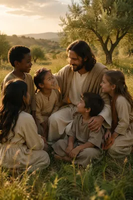 Man Blessing Children in Sunlit Meadow
