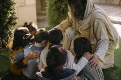 Jesus Blessing Children in Evergreen Courtyard