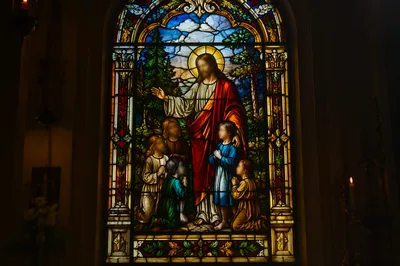 Jesus Blessing Children Stained Glass Window