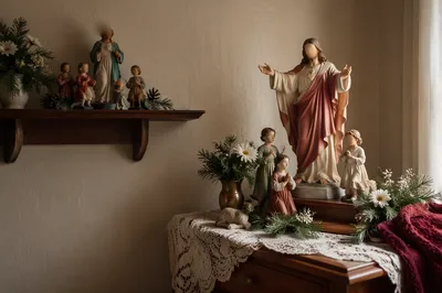 Religious Figurines on Lace Covered Table