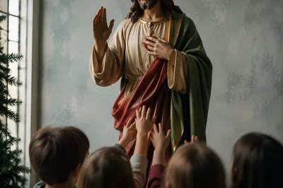 Jesus Blessing Children in Evergreen Light