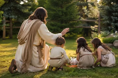 Jesus Blessing Children in Evergreen Garden
