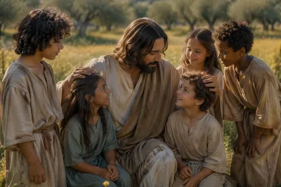 Man Blessing Children in Sunlit Meadow