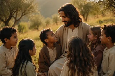 Man Blessing Children in Sunlit Meadow