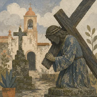 Jesus Carrying Cross in Stone Courtyard