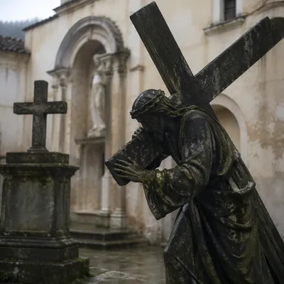 Jesus Carrying Cross in Stone Courtyard