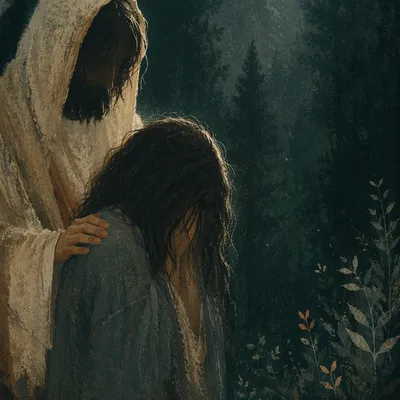 Jesus Comforting Crying Woman in Evergreen
