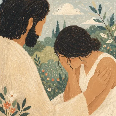 Jesus Comforting a Crying Woman Outdoors