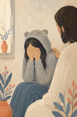 Jesus Comforting Crying Woman in Quiet Compassion