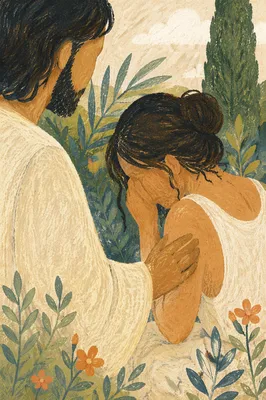 Jesus Comforting Crying Woman in Evergreen Garden