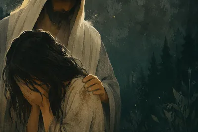 Jesus Comforting a Crying Woman in Prayer