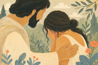 Jesus Comforting Crying Woman in Evergreen Garden