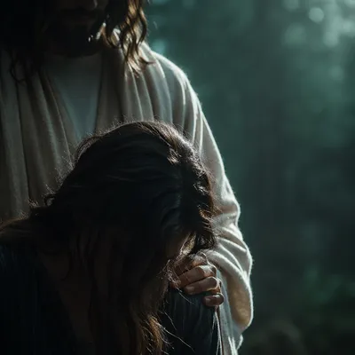Jesus Comforting a Crying Woman in Prayer