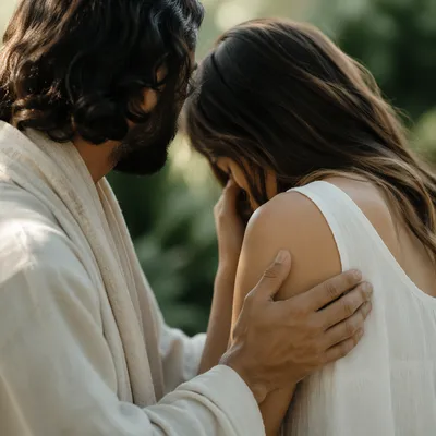 Jesus Comforting Crying Woman in Garden
