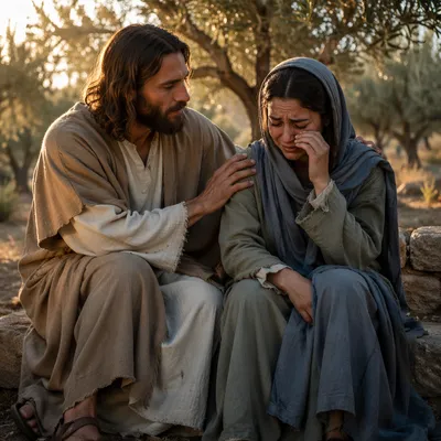 Jesus Comforting Crying Woman at Dawn
