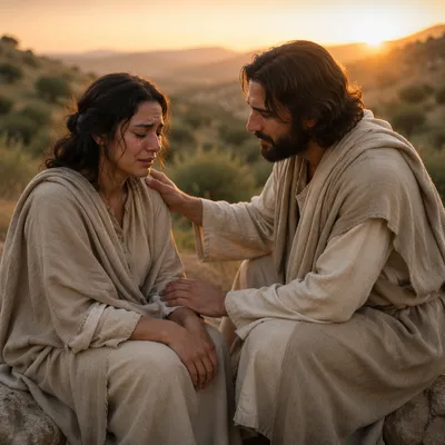 Jesus Comforting a Crying Woman at Sunset