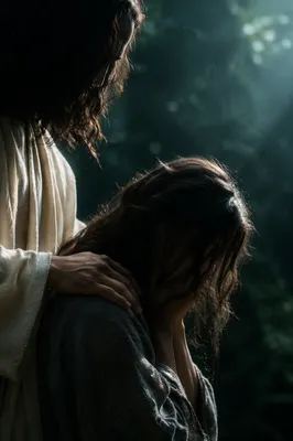 Jesus Comforting Crying Woman in Evergreen Light