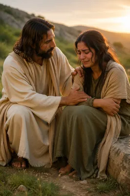 Man Comforting Crying Woman on Hillside