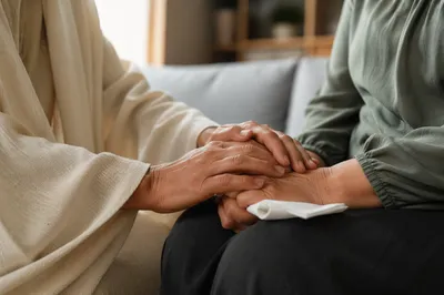 Jesus Comforting Crying Woman in Gentle Prayer