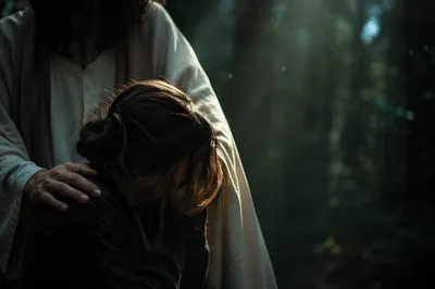 Jesus Comforting Crying Woman in Evergreen Forest
