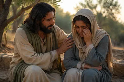Compassionate Man Comforting Crying Woman at Dawn