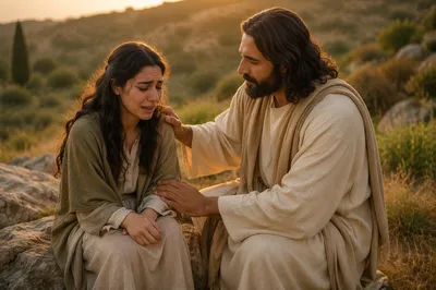 Man Comforting Crying Woman on Hillside
