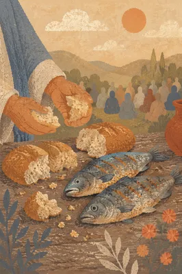 Jesus Feeding Five Thousand Bread and Fish