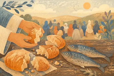Jesus Feeding Five Thousand Bread and Fish