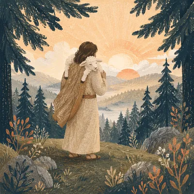 Good Shepherd Carrying Lamb at Sunrise