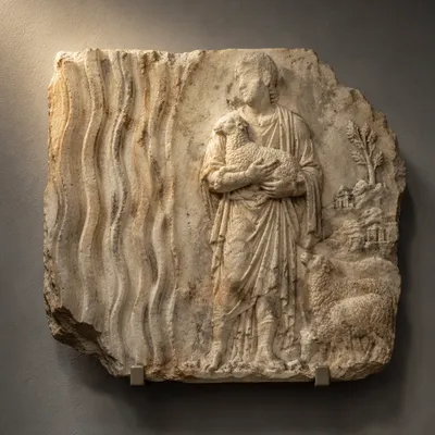 Ancient Good Shepherd Relief with Lamb