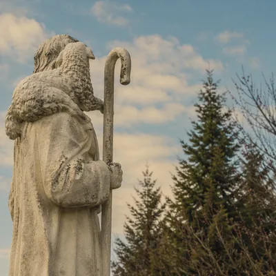 Good Shepherd Statue with Lamb Outdoors