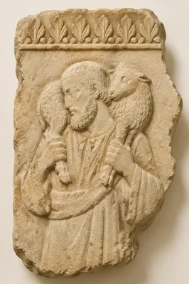 Ancient Good Shepherd Relief with Lamb