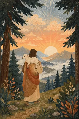 Good Shepherd Carrying Lamb at Sunrise