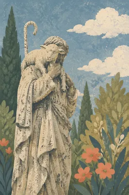 Good Shepherd Statue with Lamb in Evergreen Garden