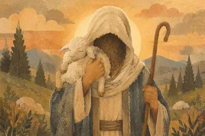 Jesus Good Shepherd Carrying Lamb at Dawn