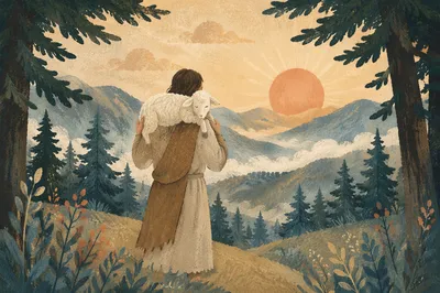 Good Shepherd Carrying Lamb at Sunrise