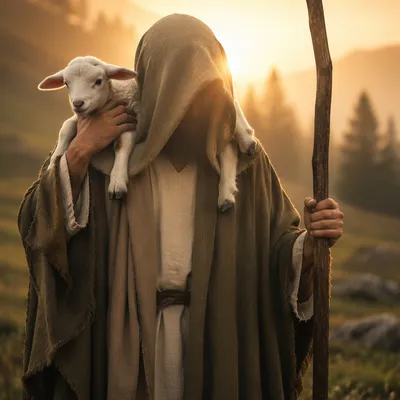Jesus Good Shepherd Carrying Lamb at Dawn