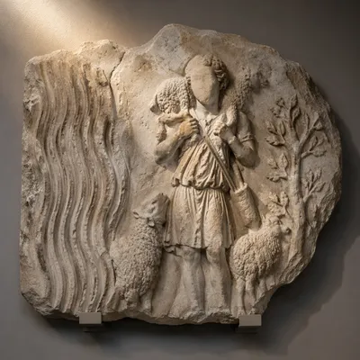 Ancient Good Shepherd Marble Relief Close-Up
