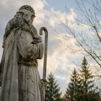 Good Shepherd Statue with Lamb Outdoors