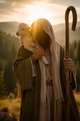 Jesus Good Shepherd Carrying Lamb at Dawn