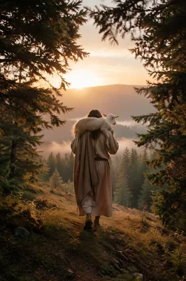Good Shepherd Carrying Lamb at Sunrise