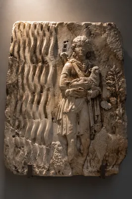 Ancient Good Shepherd Marble Relief Close-Up