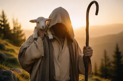 Jesus Good Shepherd Carrying Lamb at Dawn