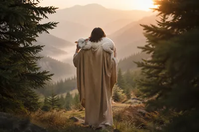 Good Shepherd Carrying Lamb at Sunrise