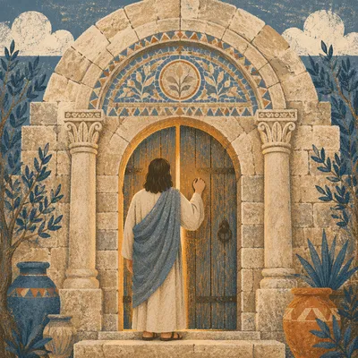 Jesus Knocking at Glowing Ancient Door
