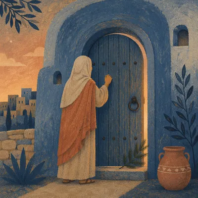Jesus Knocking at Blue Arched Door