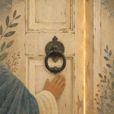 Jesus Knocking at Light-Filled Wooden Door