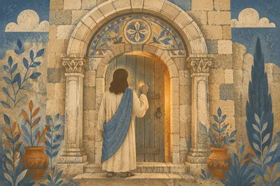 Jesus Knocking at Glowing Stone Door